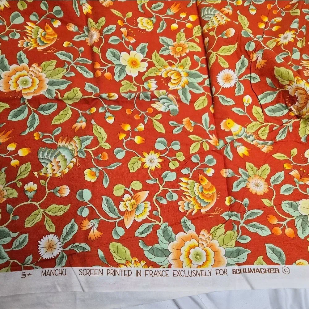 SCHUMACHER screen printed red floral Manchu‎ heavy fabric two pieces lot 3 yards